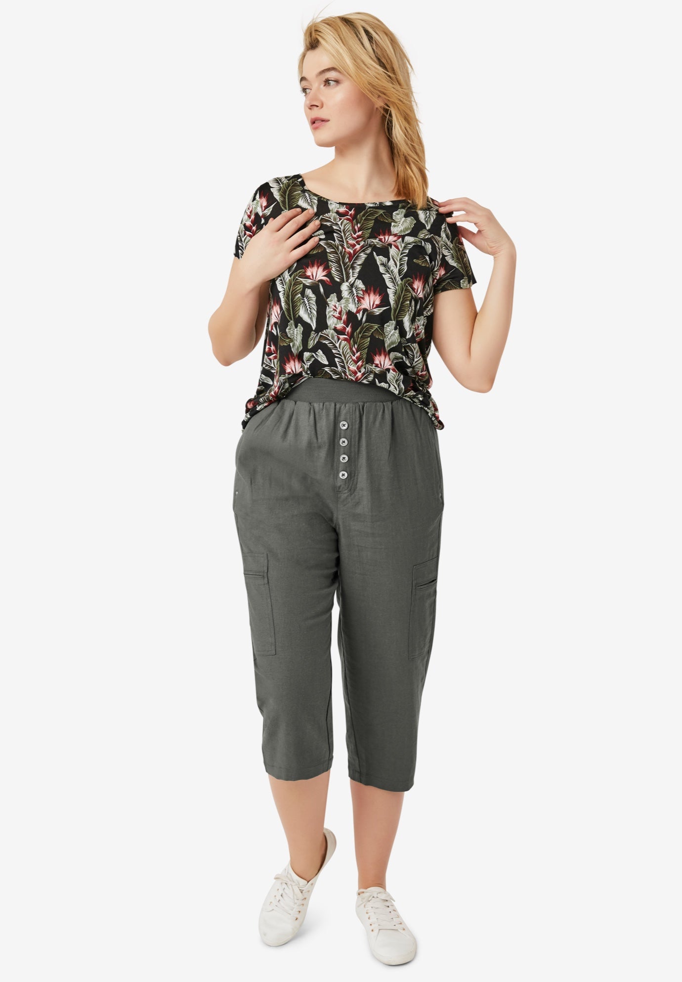 Linen-Blend Mid-Rise Ribbed Elastic Waist Straight-Leg Capris image number 0