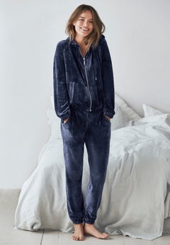 Stretch Velour Zip Front Long Sleeve Jacket With Hood
