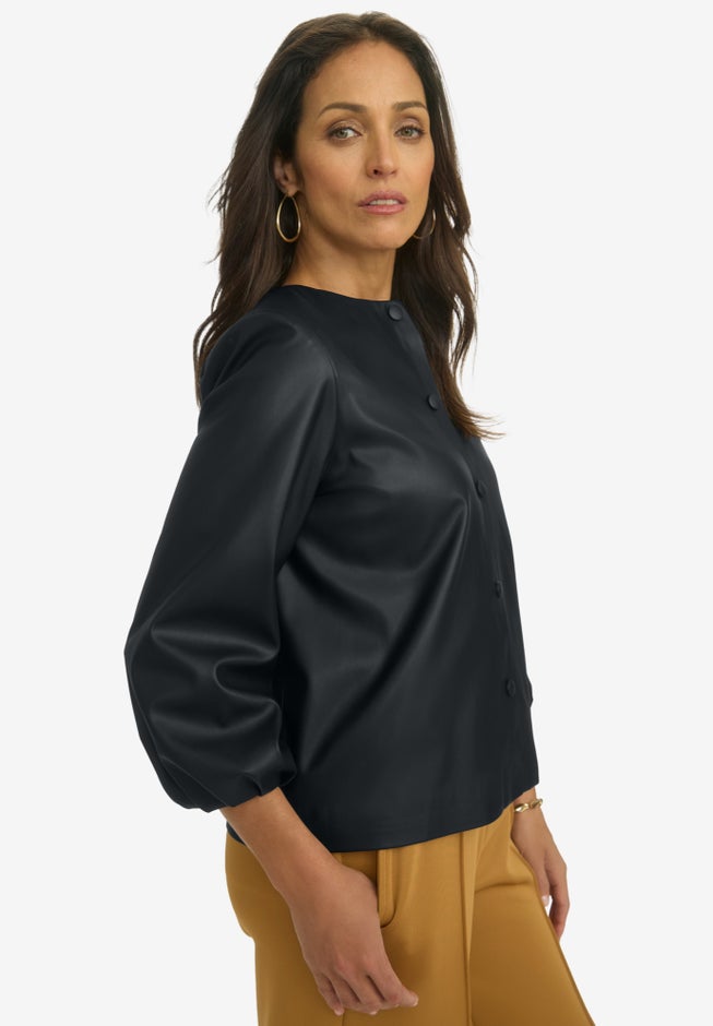 Blouson Sleeve Faux Leather Jacket image number 2