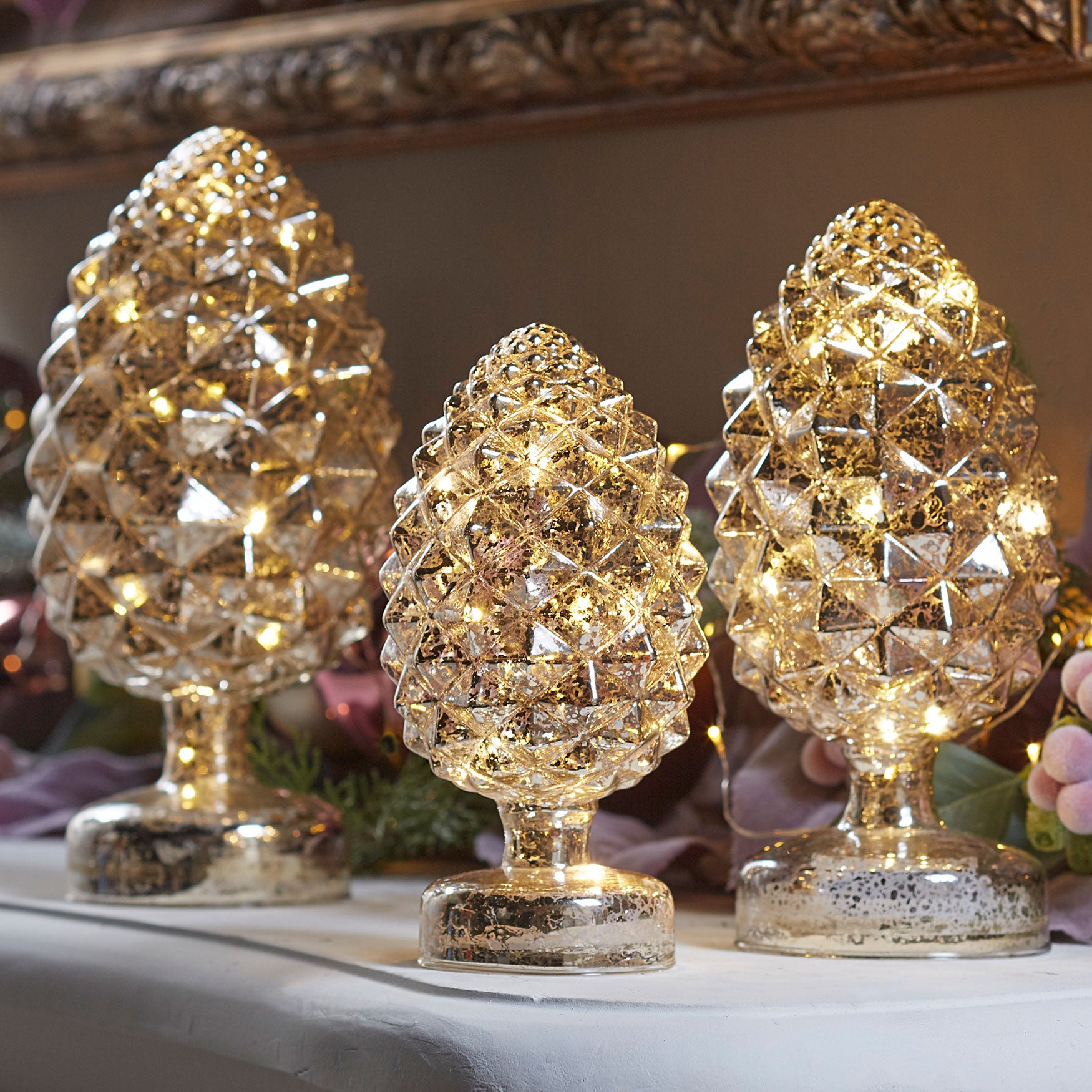Pre-Lit Mercury Glass Pinecones, Set of 3 image number 0