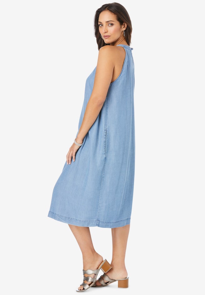 Denim&nbsp;Tie-Neck Dress image number 3