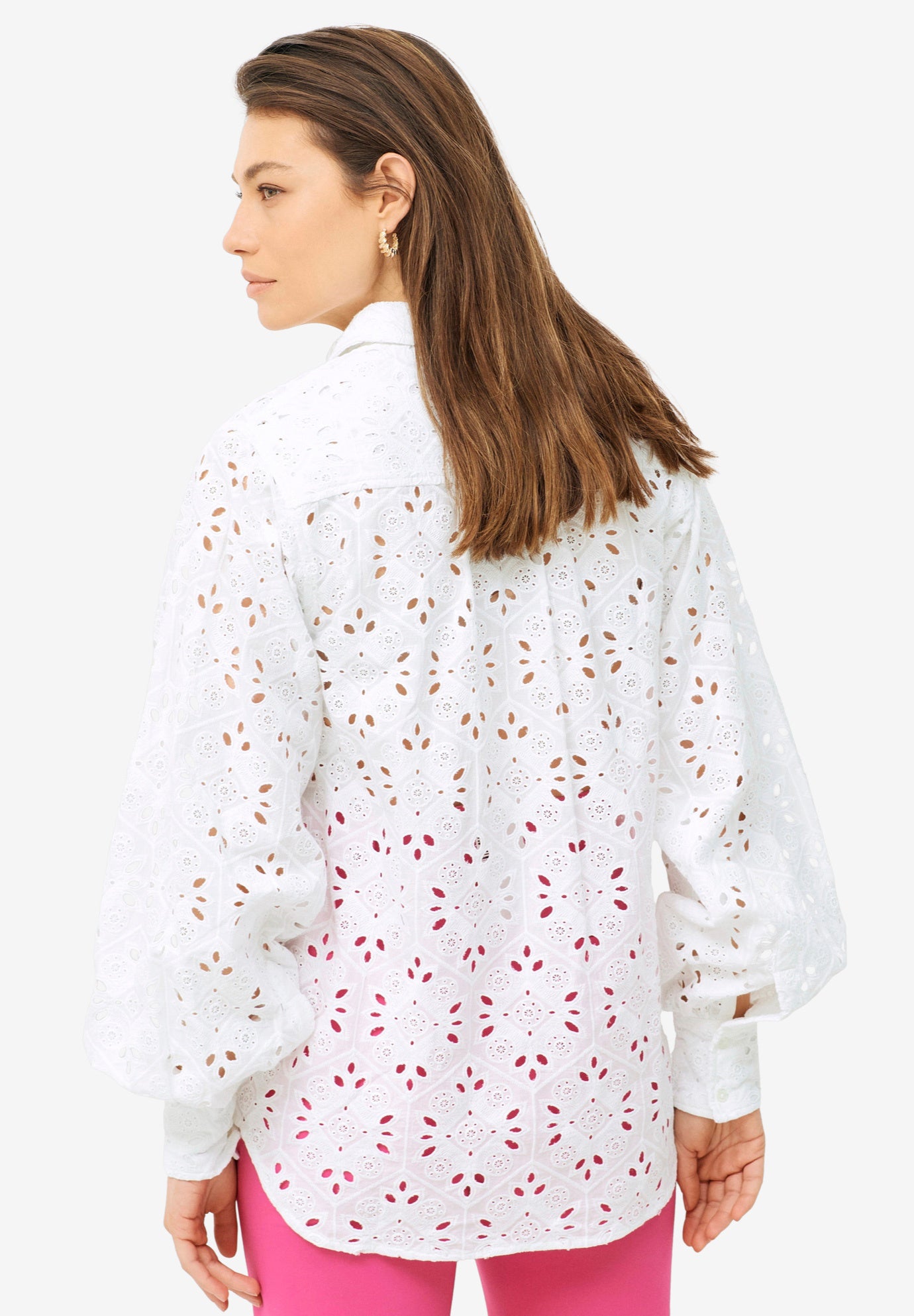Eyelet Button Front Shirt With Blouson Sleeves image number 1