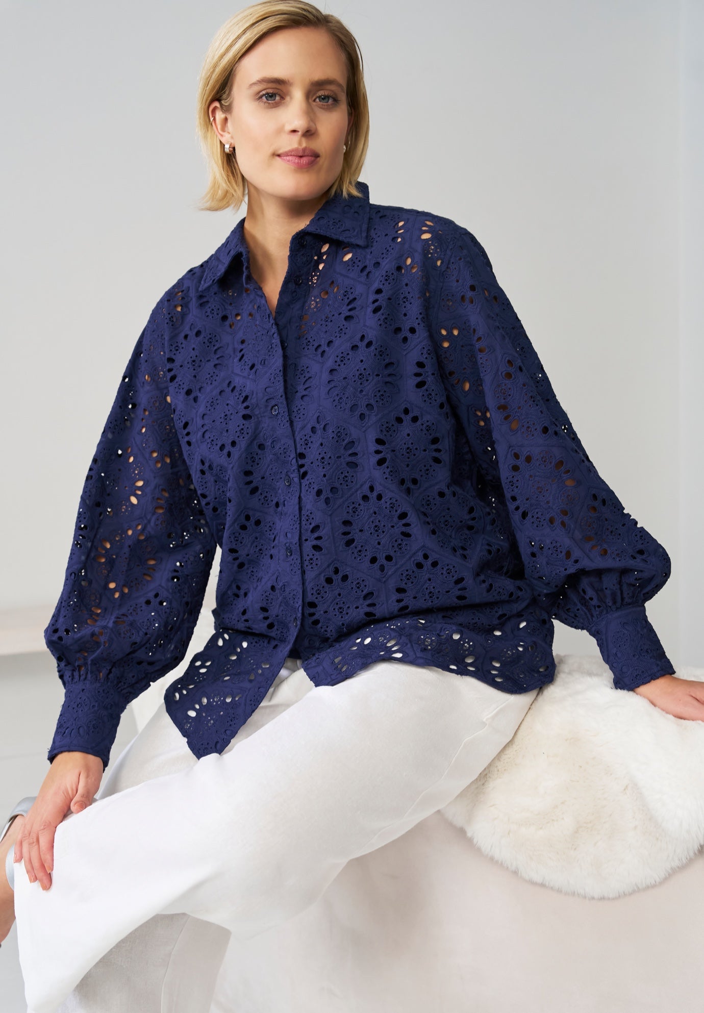 Eyelet Button Front Shirt With Blouson Sleeves image number 3