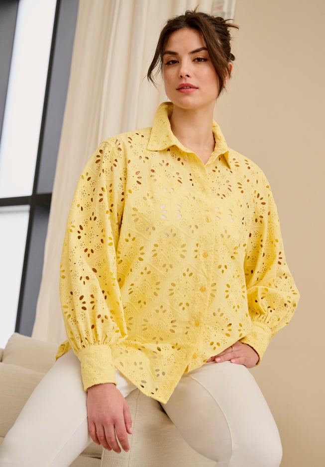 100% Cotton Cambric Eyelet Button-Front Blouson Sleeve Shirt image number 4