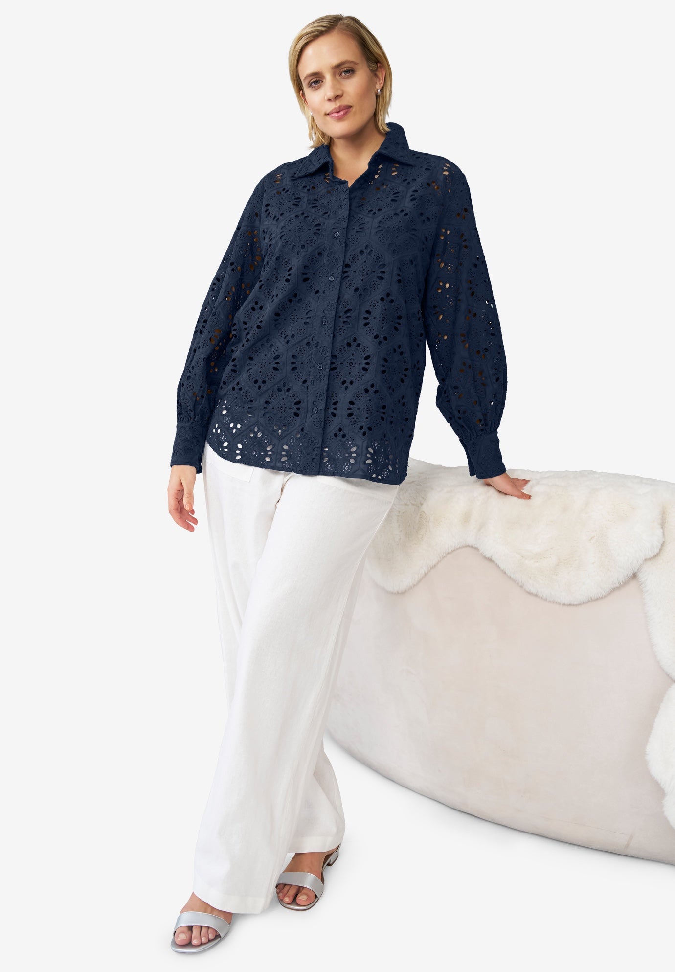 100% Cotton Cambric Eyelet Button-Front Blouson Sleeve Shirt image number 5