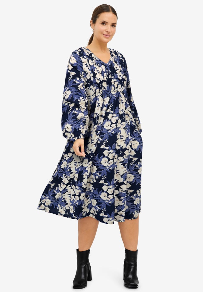 Smocked Bodice V-Neck Midi Dress image number 0