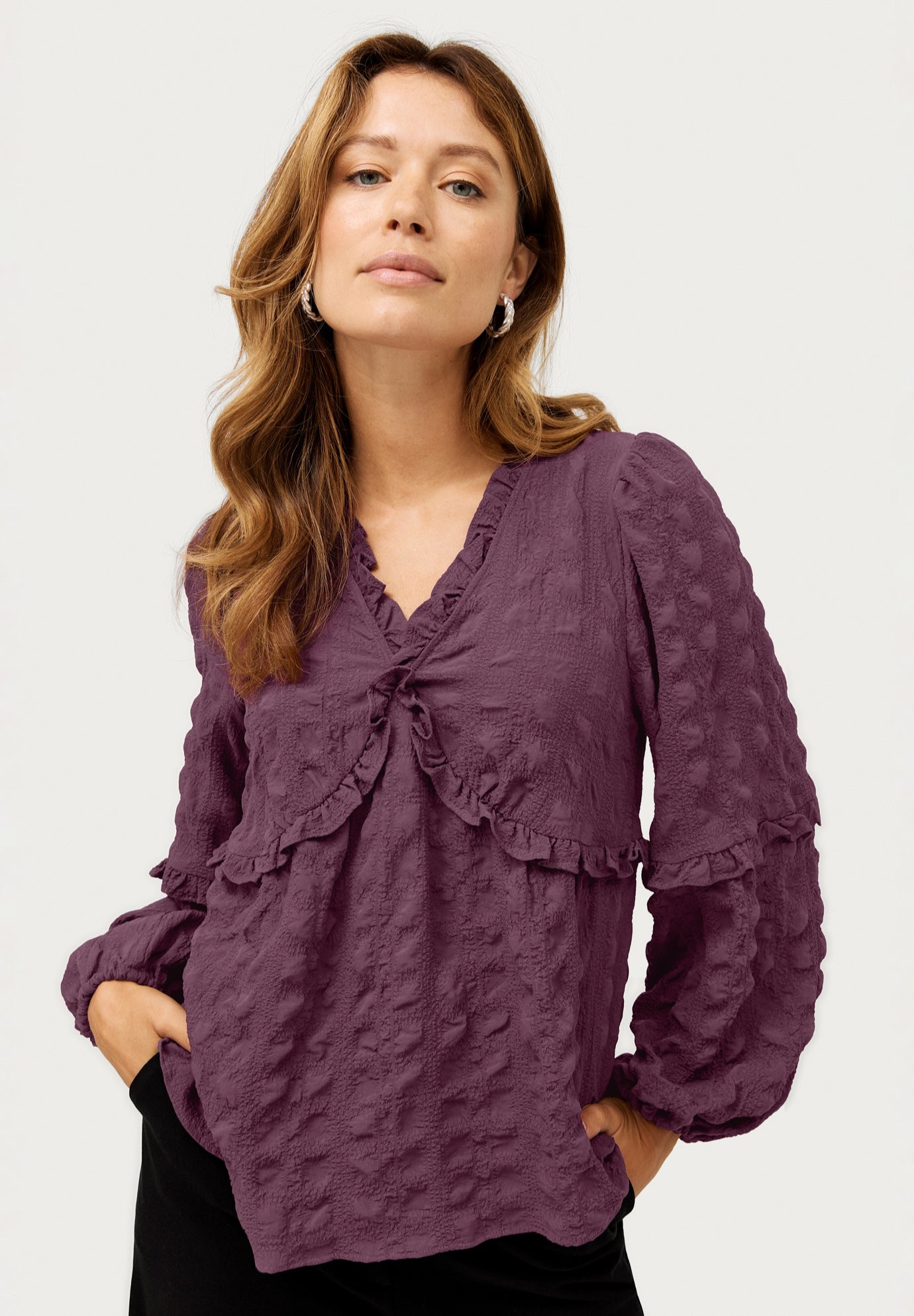 Ruffle Trim V-Neck Babydoll Blouse image number 0