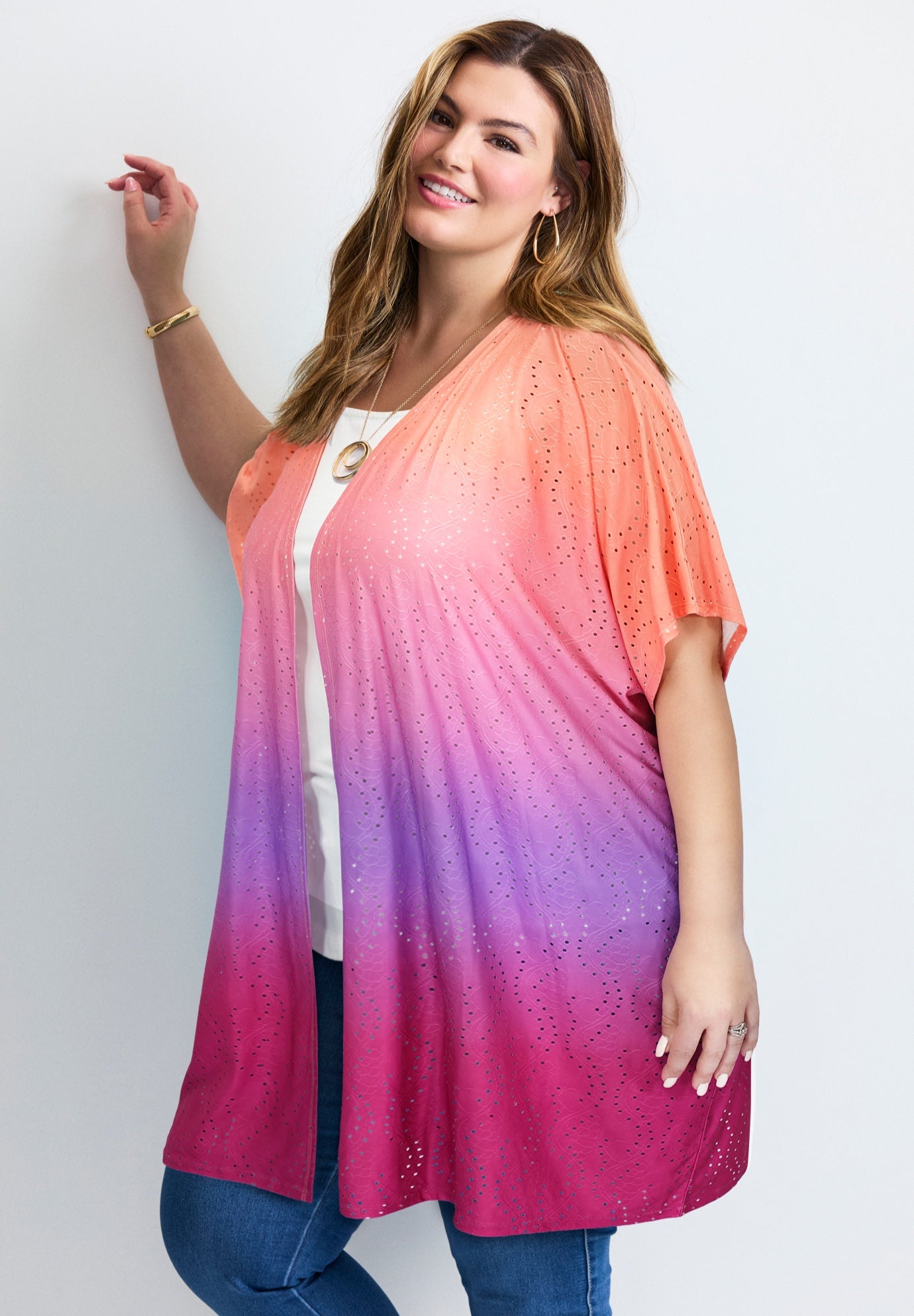 Knit Eyelet Kimono image number 1