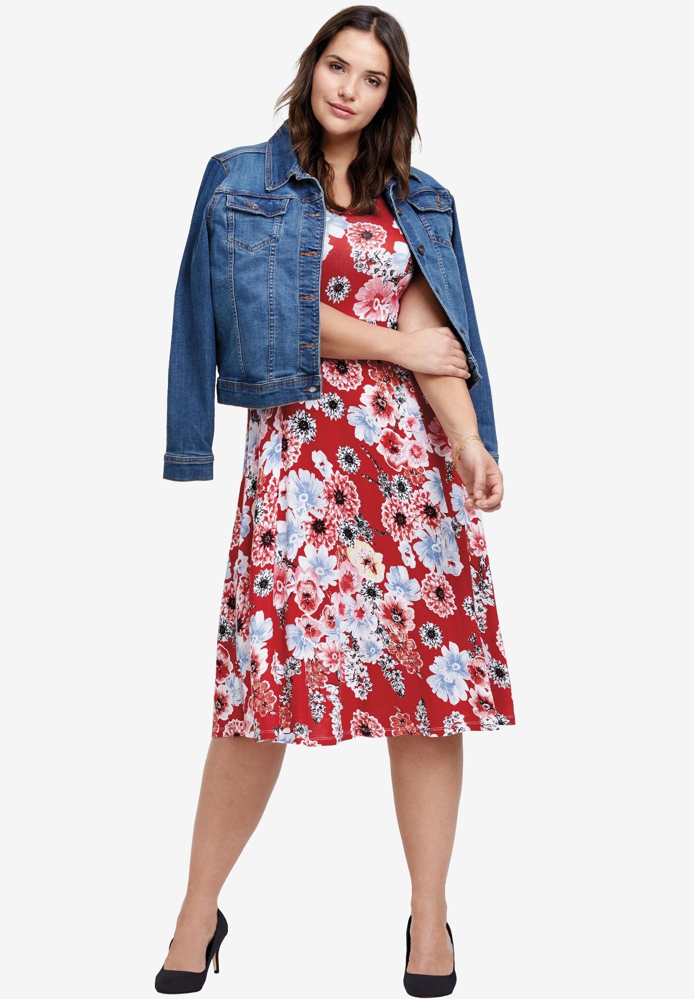 Stretch Knit Scoop Neck Sleeveless Fit And Flare Dress image number 2