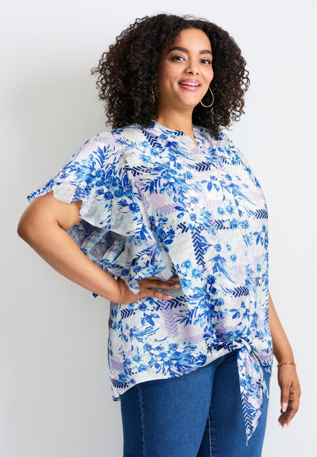 Tie Front Scarf Sleeve Blouse image number 1