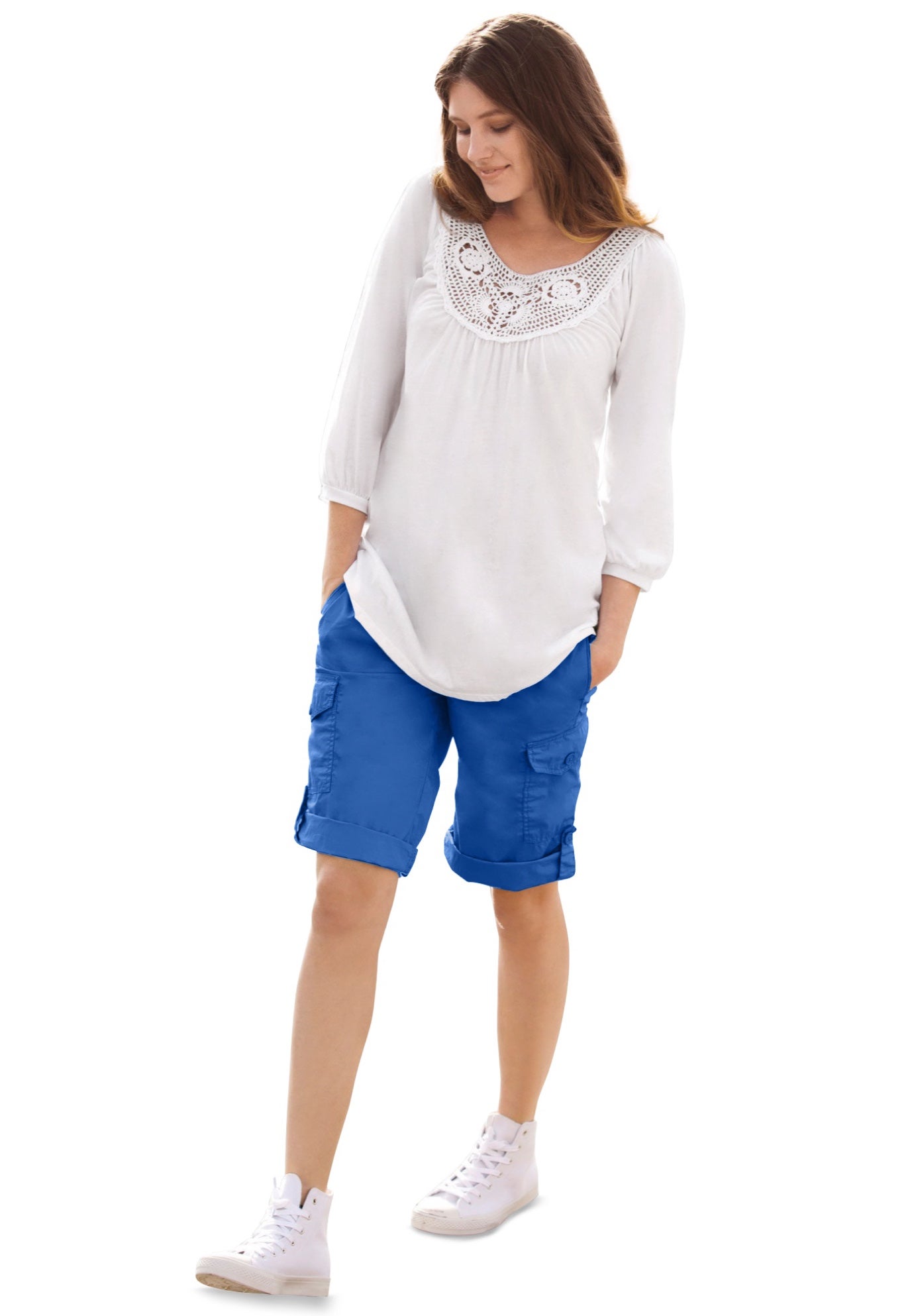 2 in 1 Mid-Rise Stretch Cotton Convertible Cargo Bermuda To Shorts image number 0