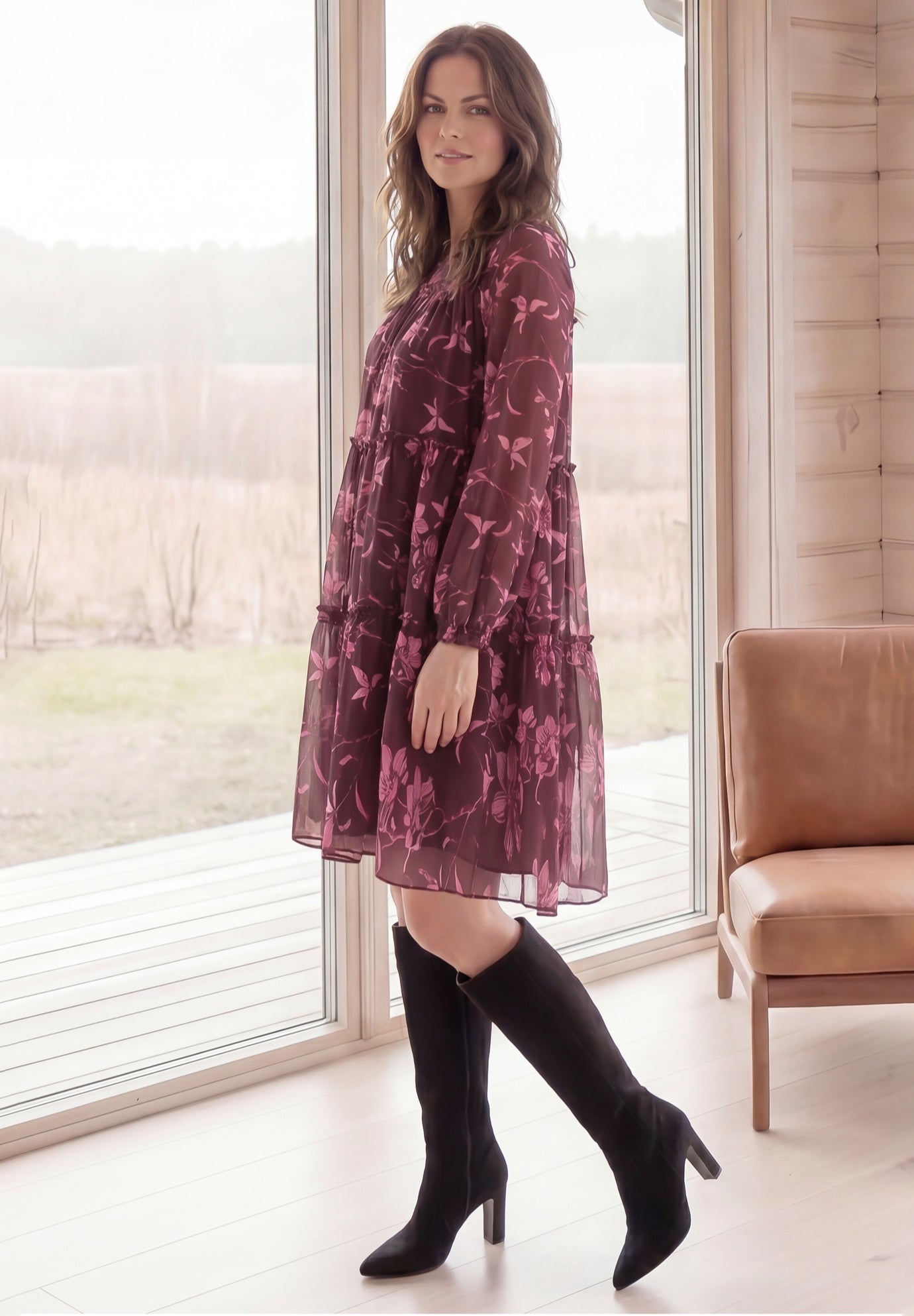 Tier Ruffle Peasant Dress With Sheer Sleeves image number 1