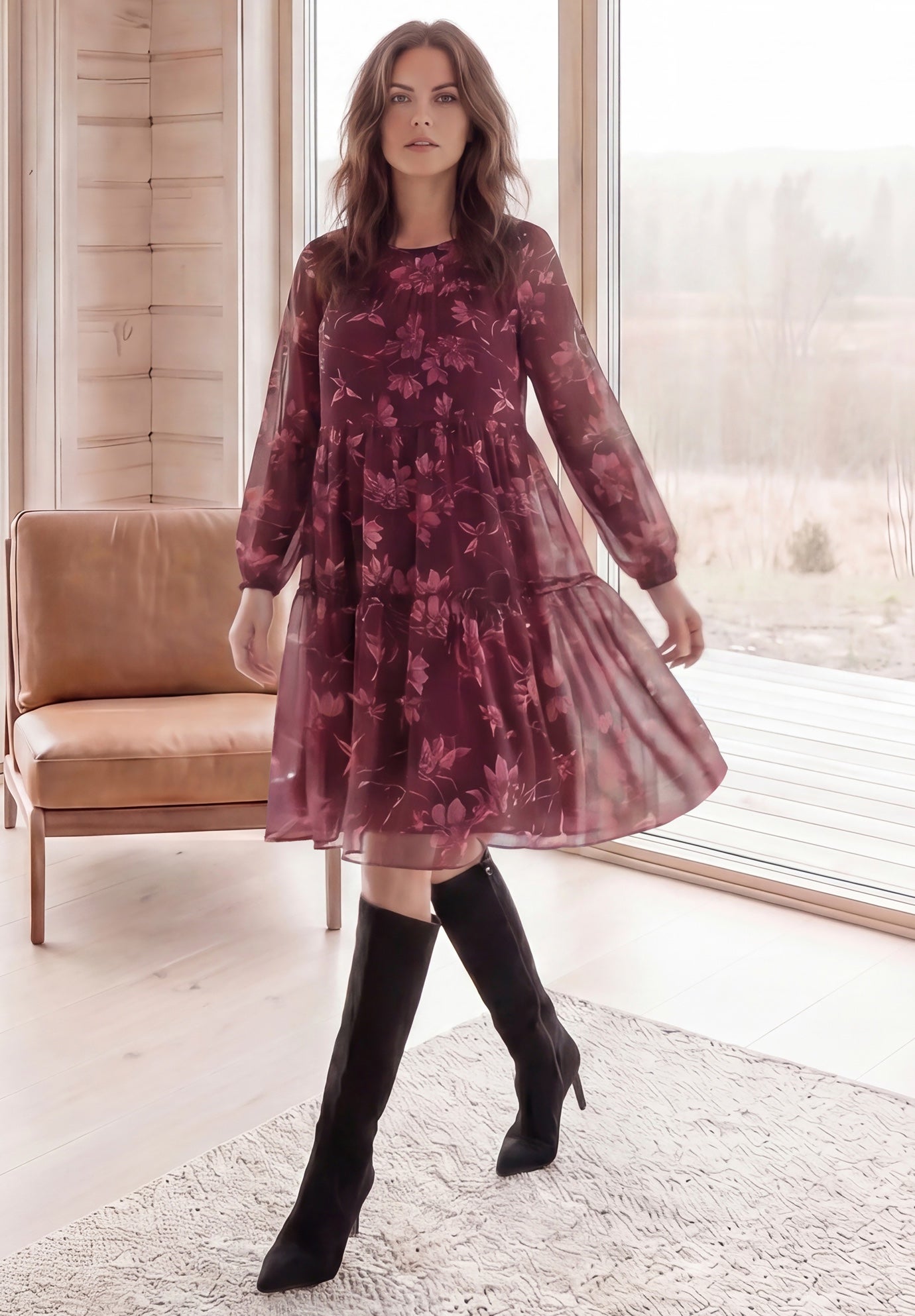 Tier Ruffle Peasant Dress With Sheer Sleeves image number 0