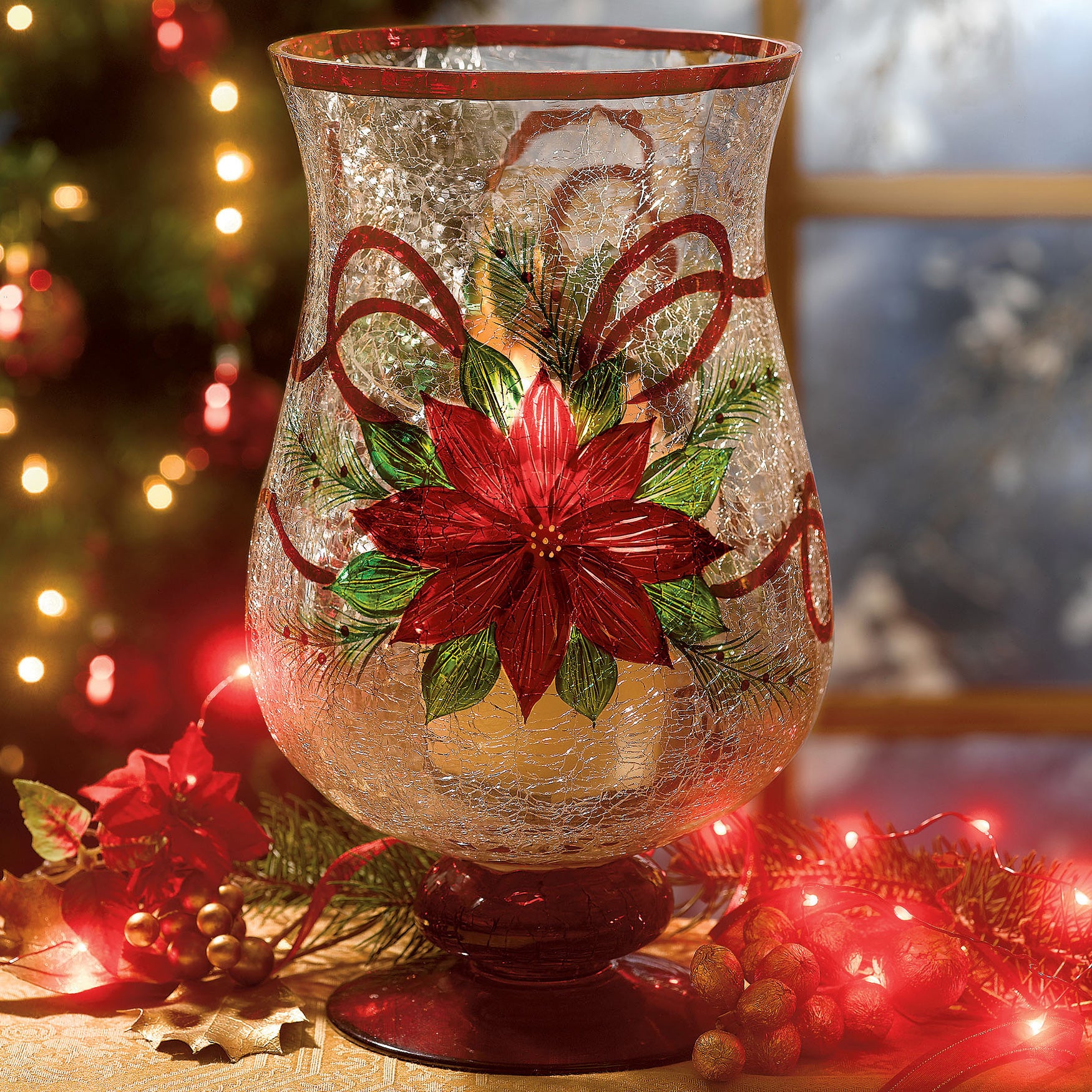 Holiday Hand-Painted Poinsettia Hurricane image number 0
