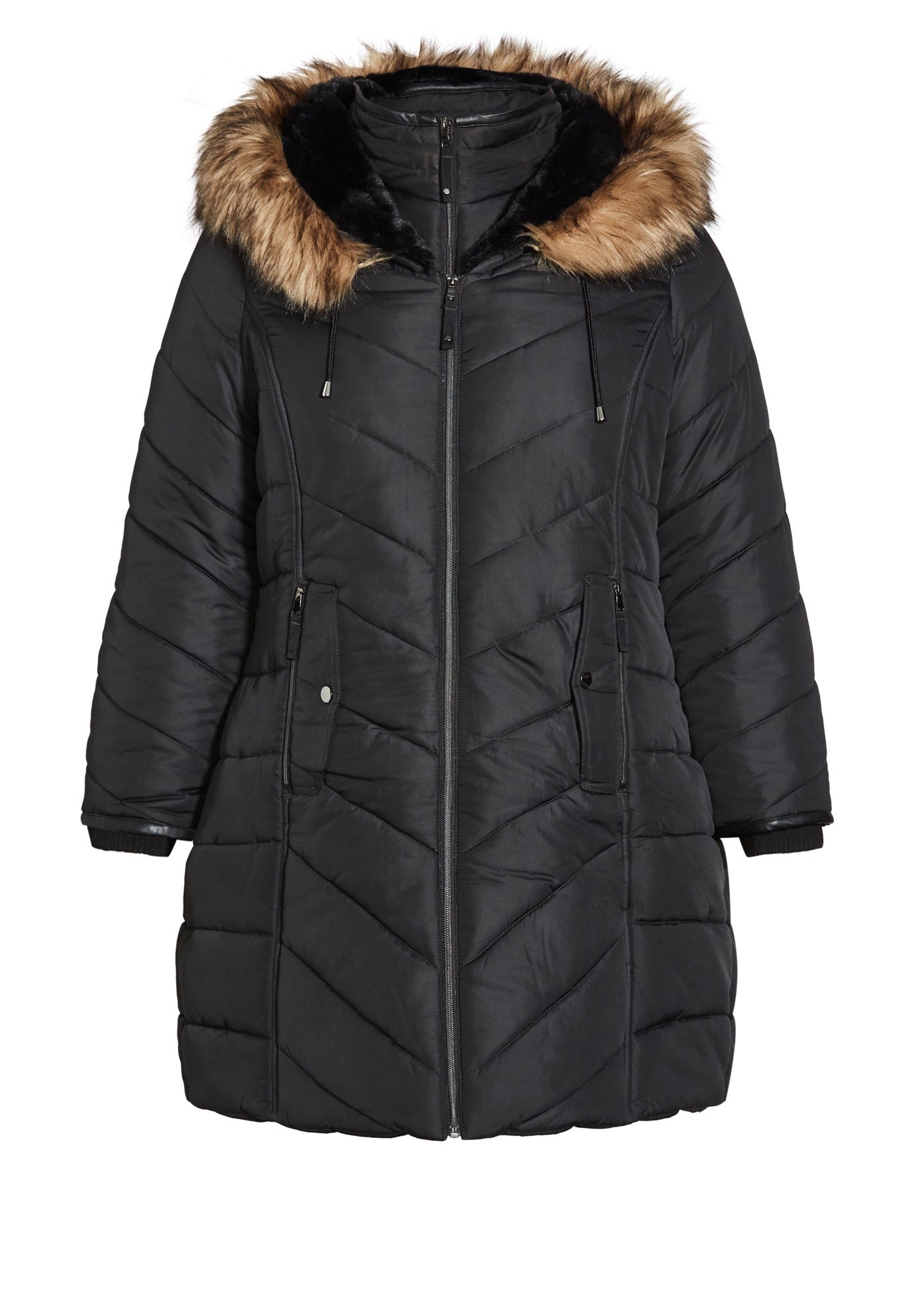 Chevron Faux Fur Hood Long Puffer Coat image number 4