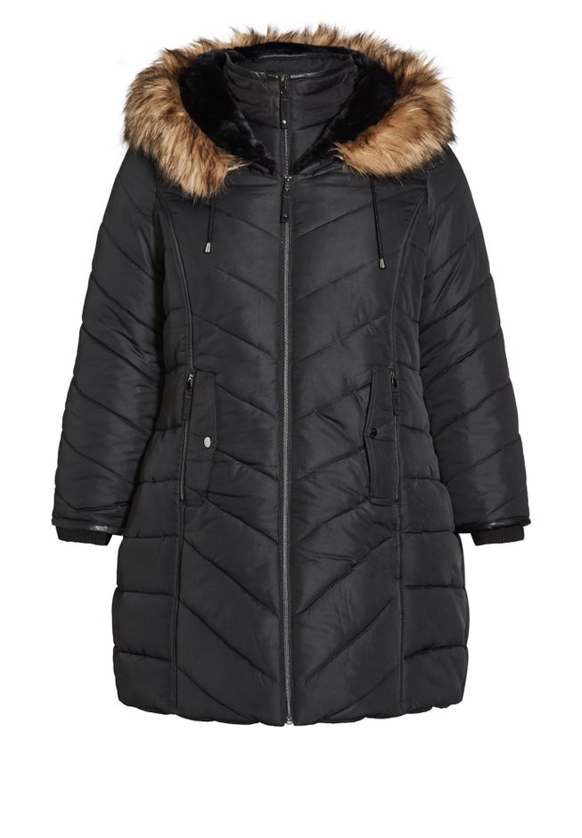 Chevron Faux Fur Hood Long Puffer Coat image number 4