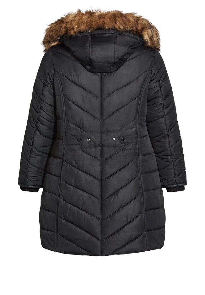 Chevron Faux Fur Hood Long Puffer Coat image number 5