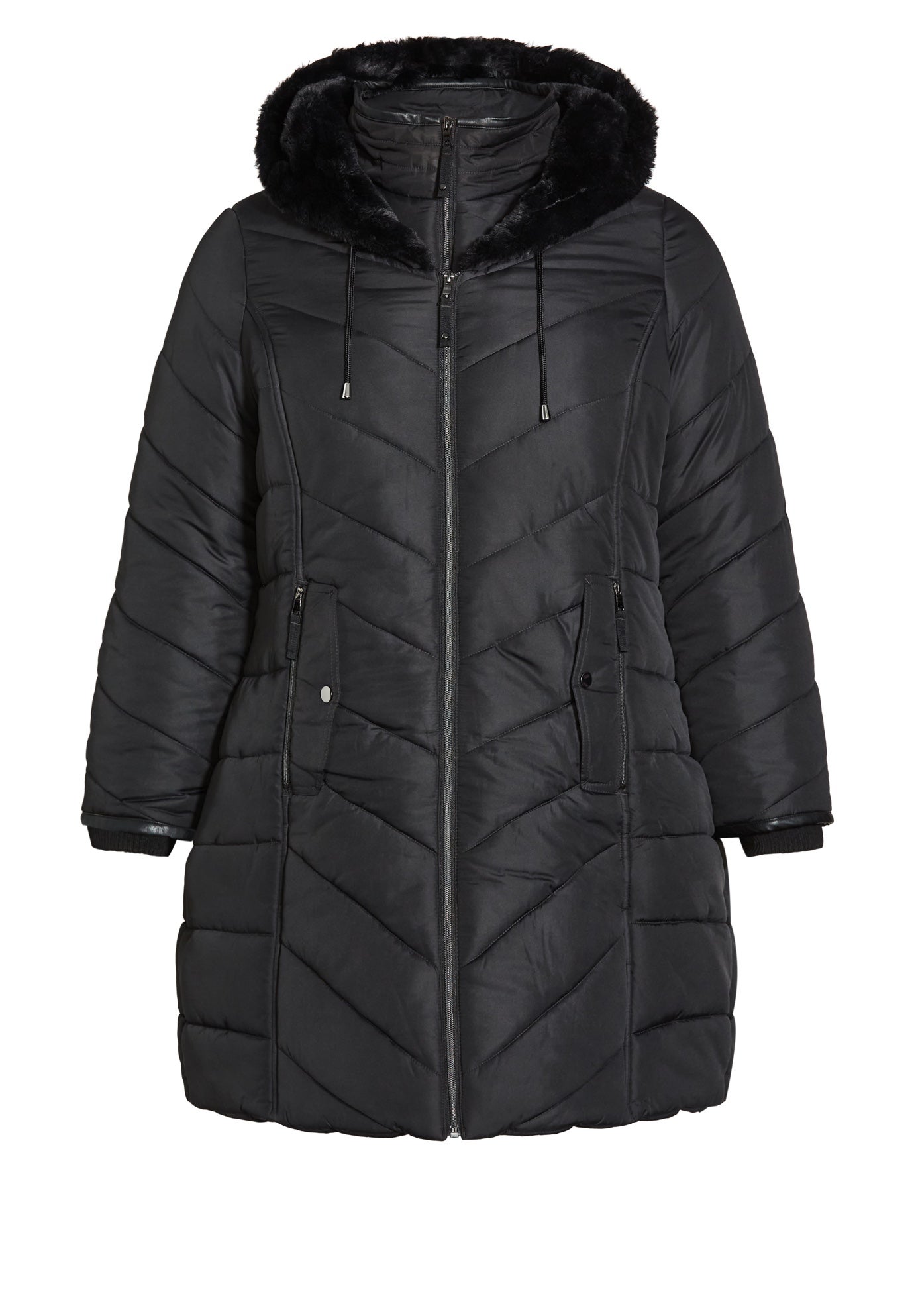 Chevron Faux Fur Hood Long Puffer Coat image number 6