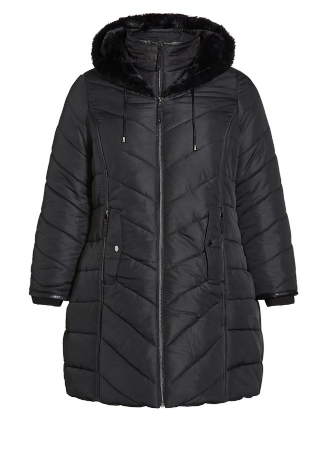 Chevron Faux Fur Hood Long Puffer Coat image number 6