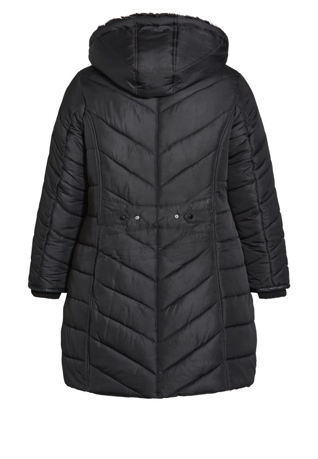Chevron Faux Fur Hood Long Puffer Coat image number 7