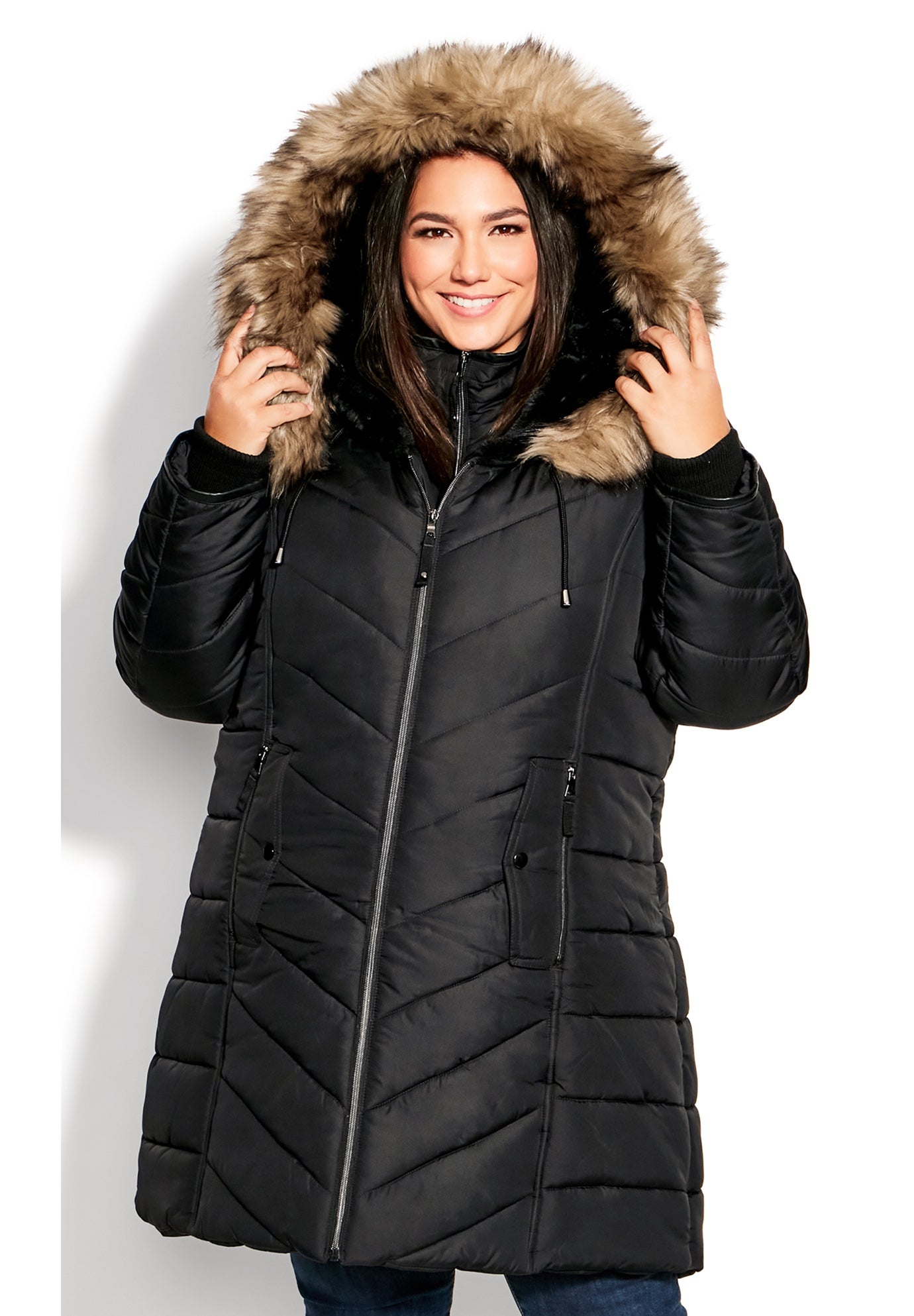 Chevron Faux Fur Hood Long Puffer Coat image number 1