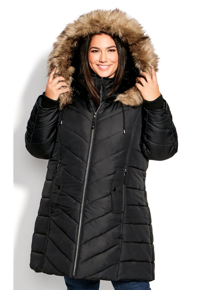 Chevron Faux Fur Hood Long Puffer Coat image number 1