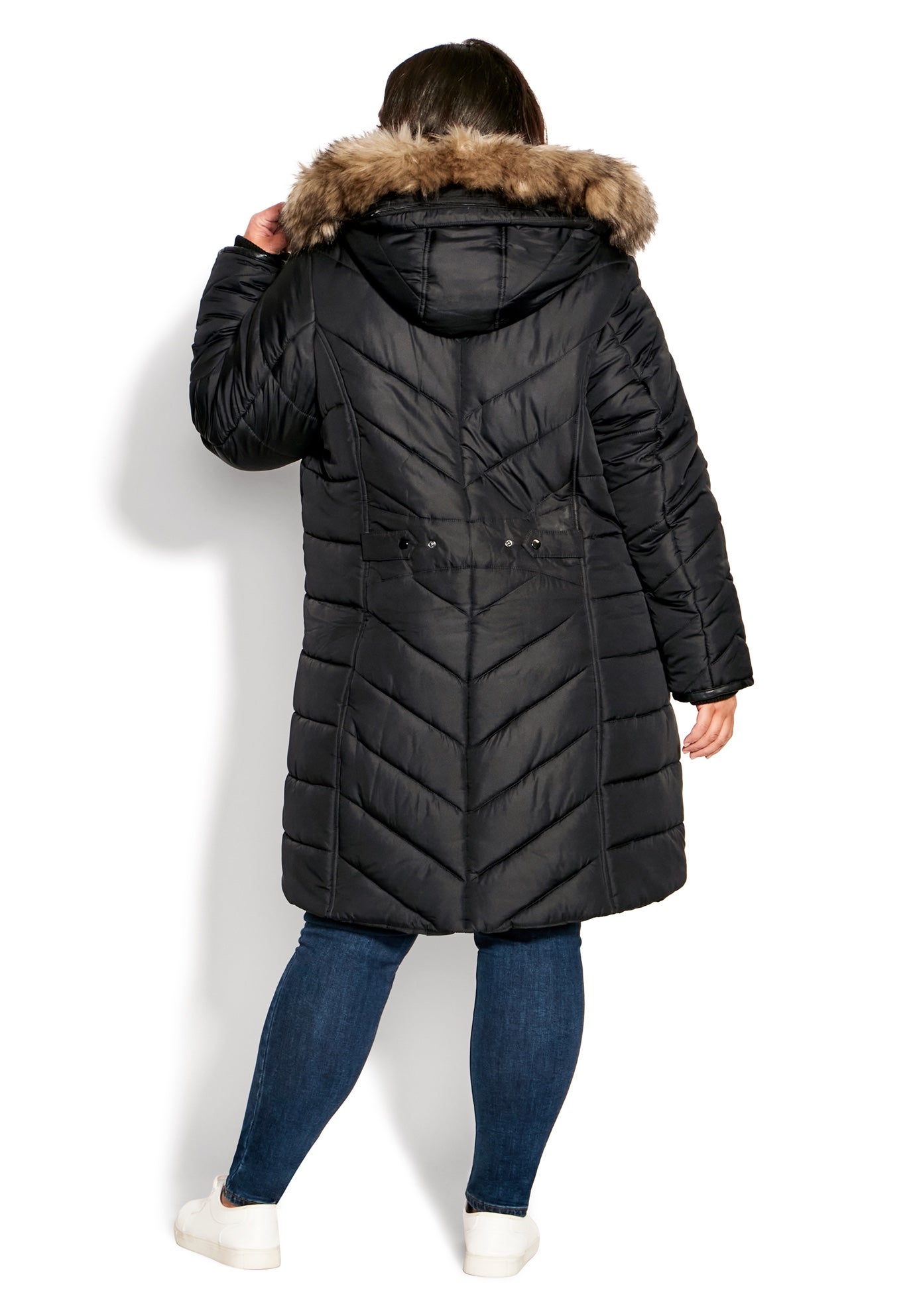 Chevron Faux Fur Hood Long Puffer Coat image number 2