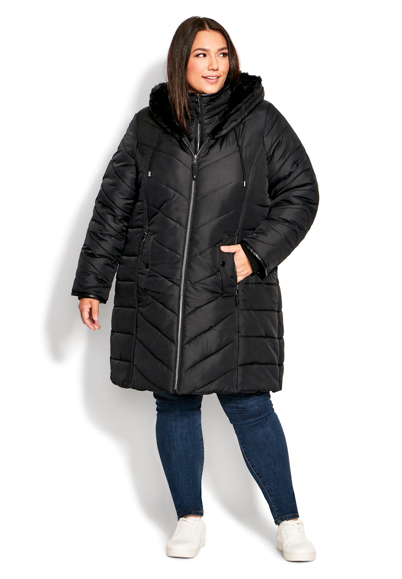 Chevron Faux Fur Hood Long Puffer Coat image number 3