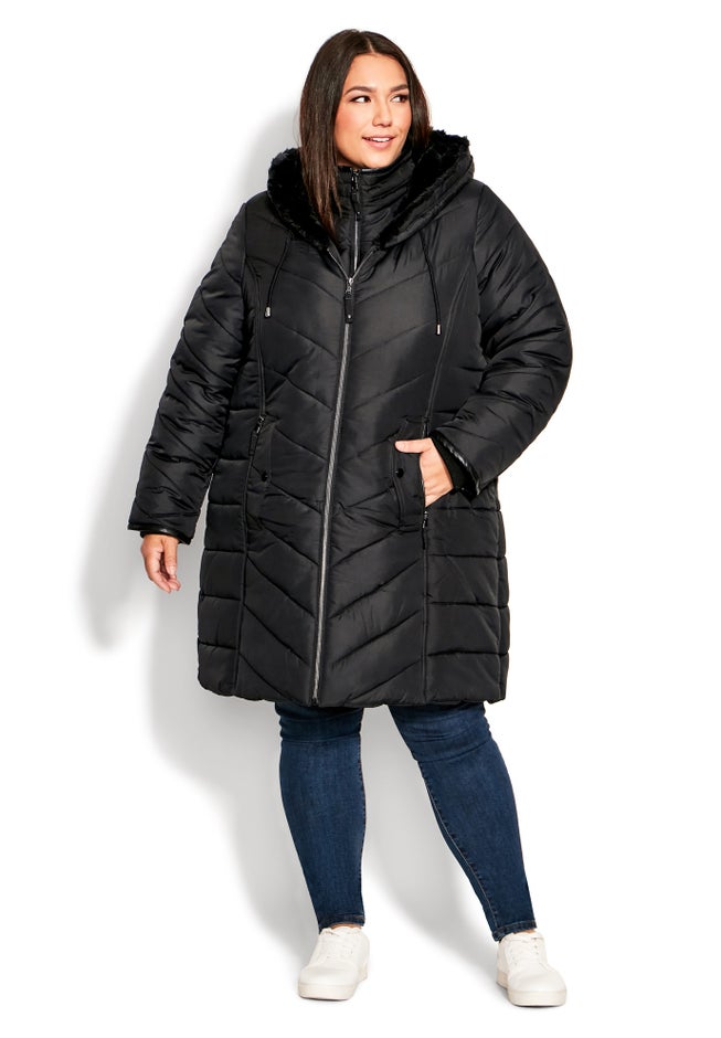 Chevron Faux Fur Hood Long Puffer Coat image number 3