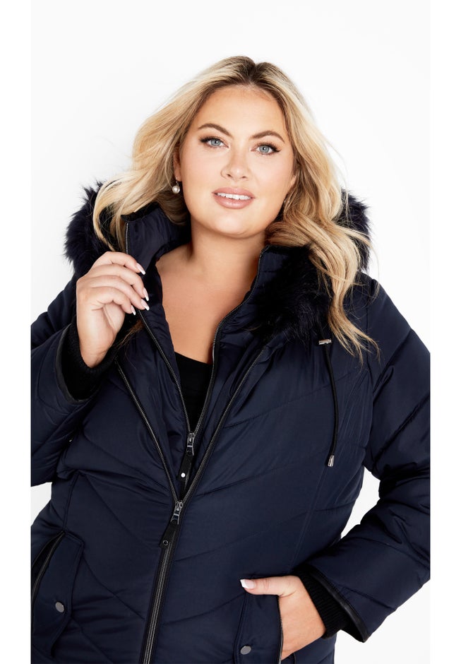 Chevron Faux Fur Hood Long Puffer Coat Avenue