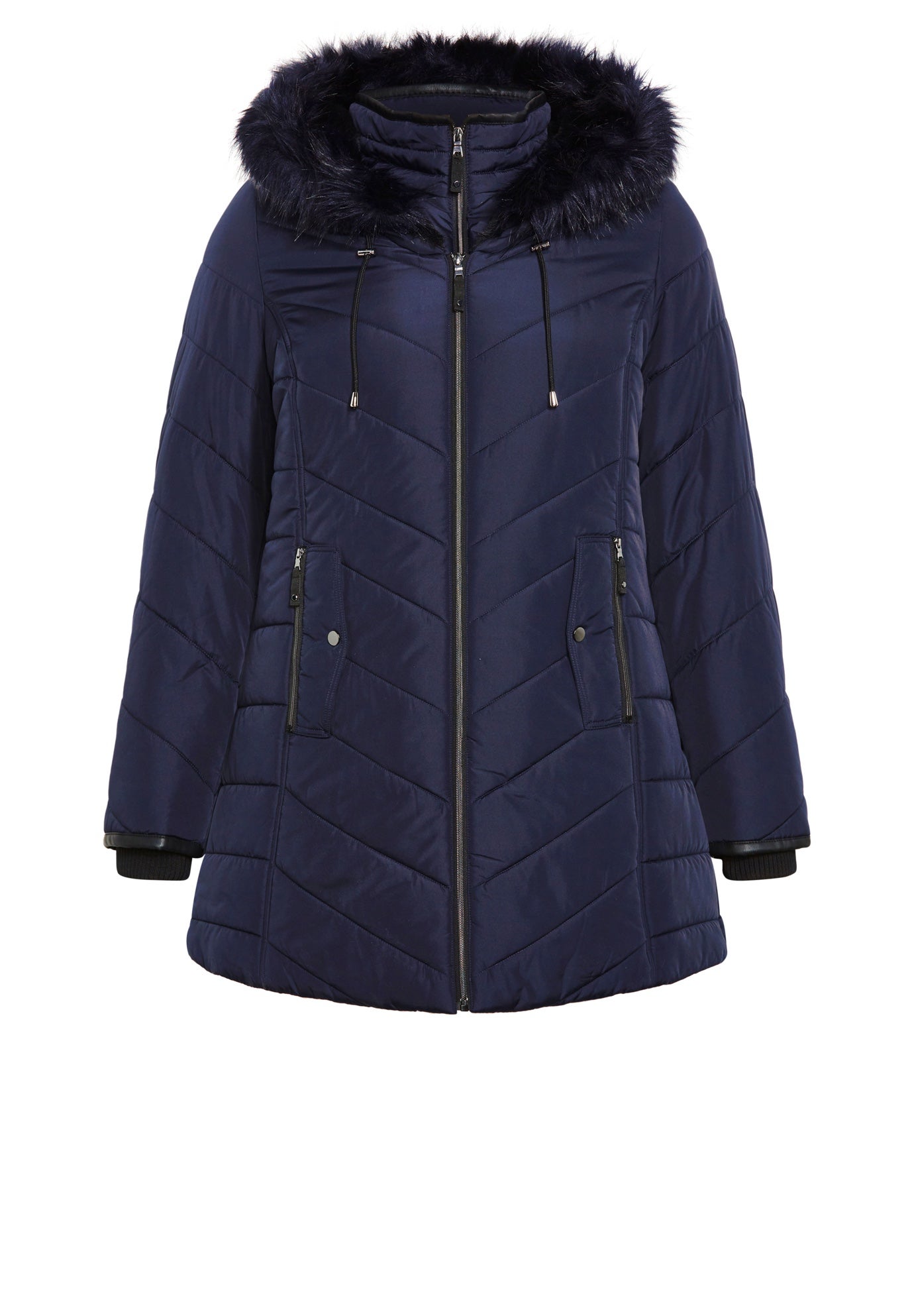 Chevron Faux Fur Hood Long Puffer Coat | Avenue