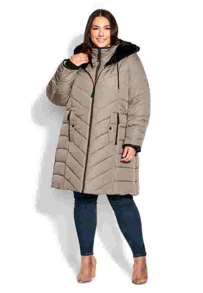 Chevron Faux Fur Hood Long Puffer Coat image number 1