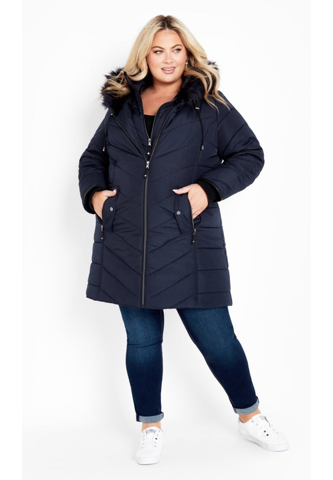 Chevron Faux Fur Hood Long Puffer Coat Avenue - Main Image