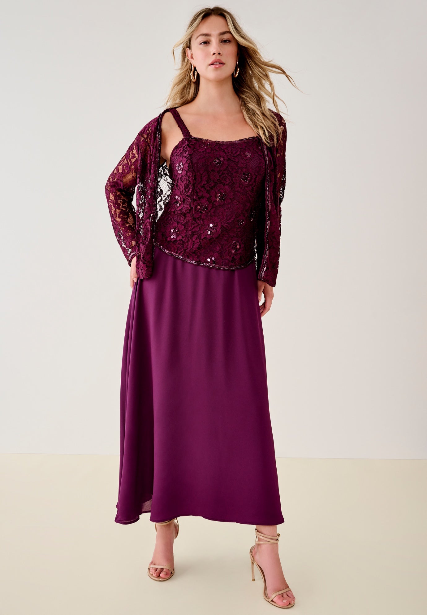 Plus-Size 2 Piece Long Sleeve Embellished Lace Jacket and Full Gown image number 1