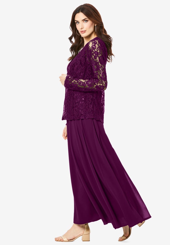 Plus-Size 2 Piece Long Sleeve Embellished Lace Jacket and Full Gown image number 4