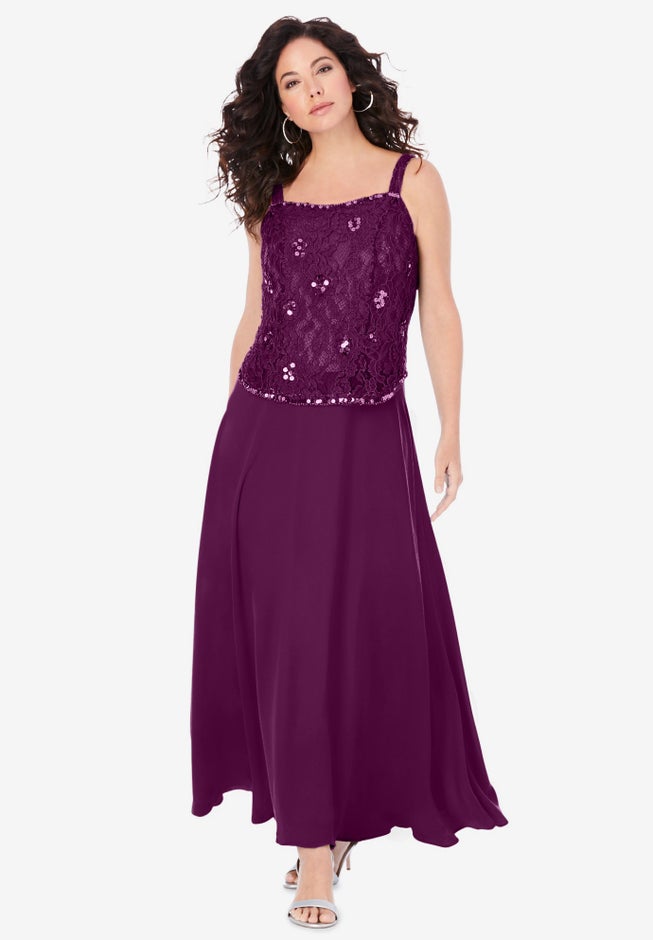 Plus-Size 2 Piece Long Sleeve Embellished Lace Jacket and Full Gown image number 5
