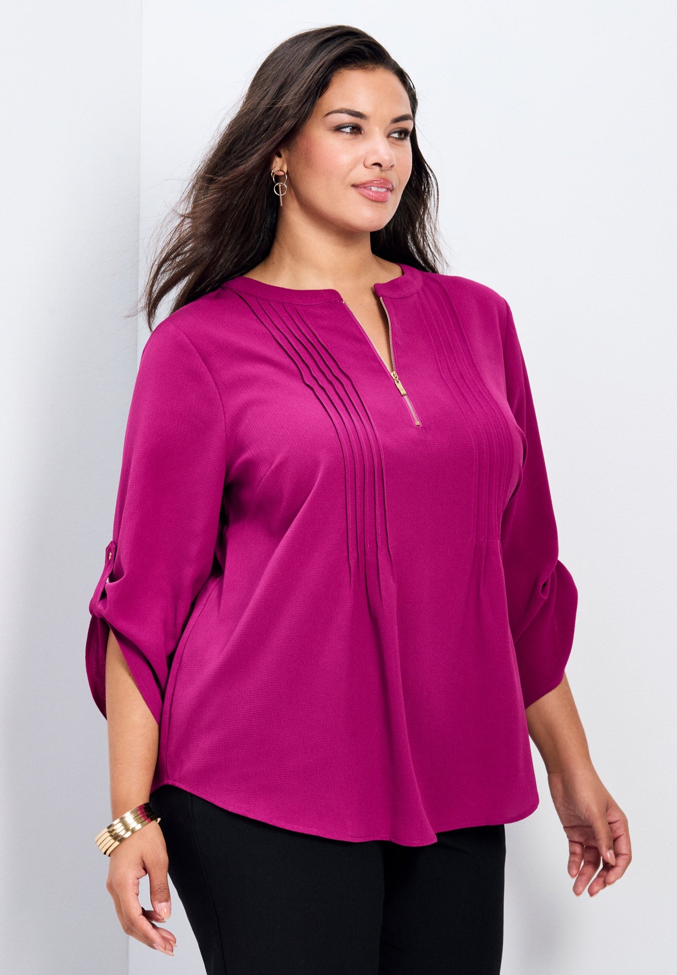 Hailey Zip Front Pintuck Blouse image number 1