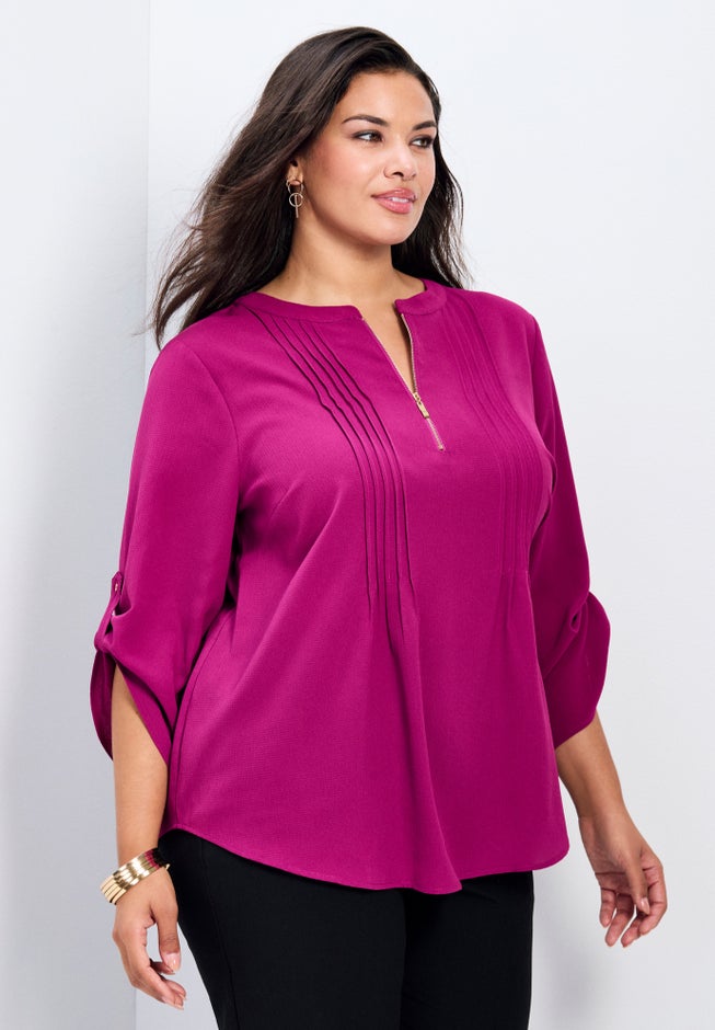 Hailey Zip Front Pintuck Blouse image number 1