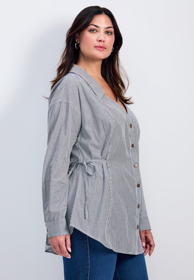 Ray Stripe Polpin Shirt With Tie Detail image number 1