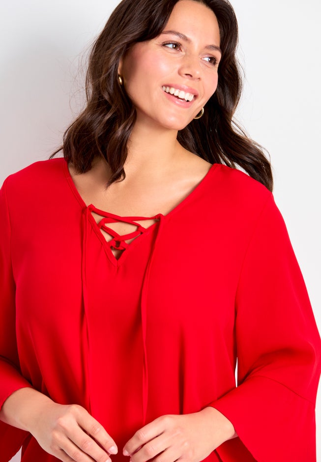 V-Neck Lace-Up Bell Sleeve Tunic image number 1