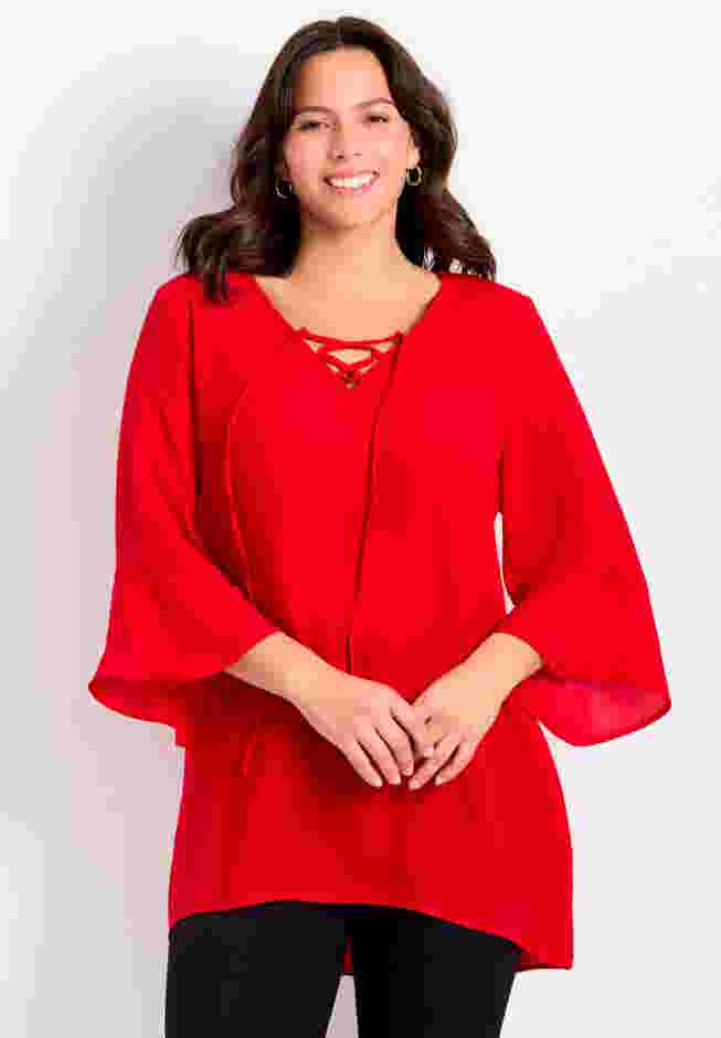 V-Neck Lace-Up Bell Sleeve Tunic image number 0