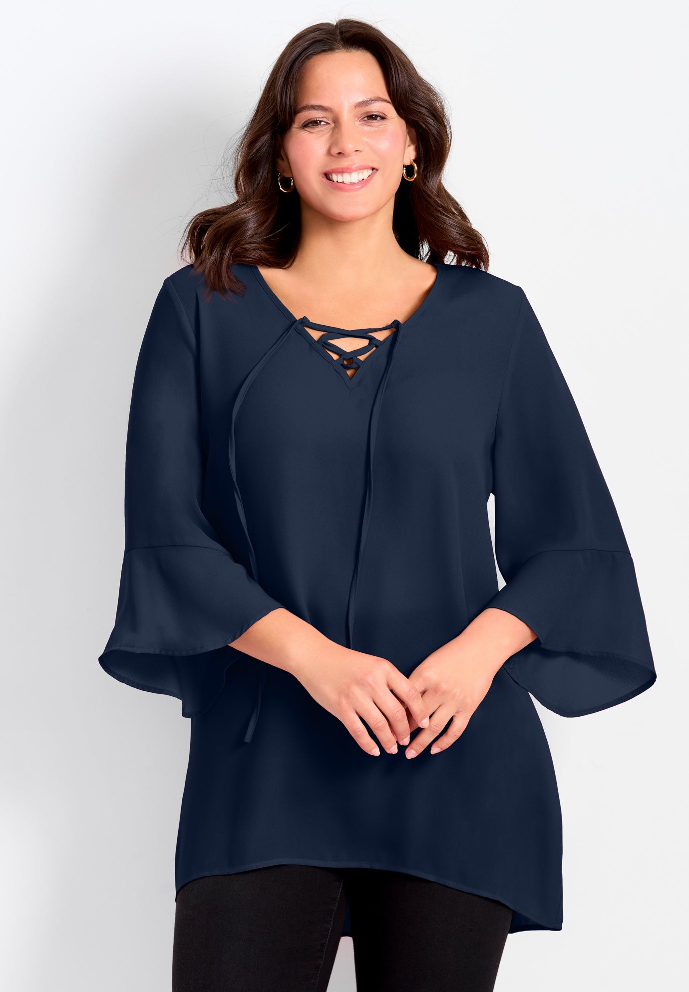 V-Neck Lace-Up Bell Sleeve Tunic image number 0