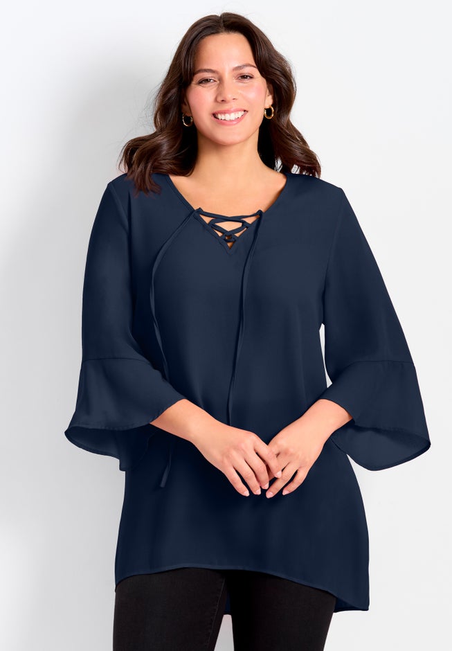 V-Neck Lace-Up Bell Sleeve Tunic image number 0