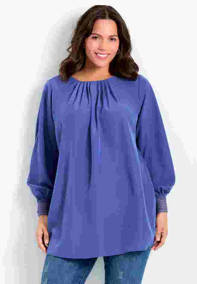 Pleated Scoop Neck Peasant Blouse image number 0