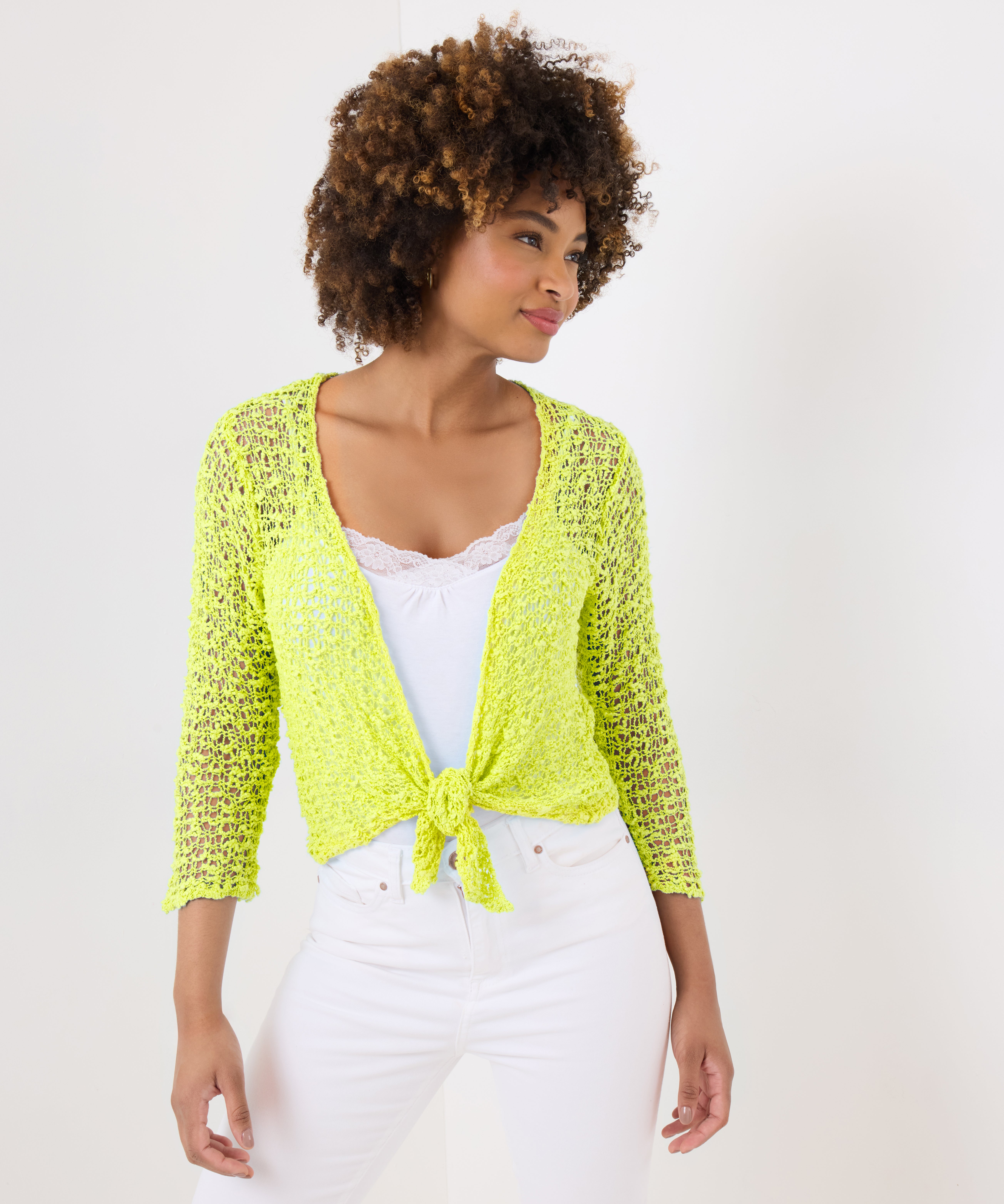 Popcorn Knit Tie Front Shrug image number 0