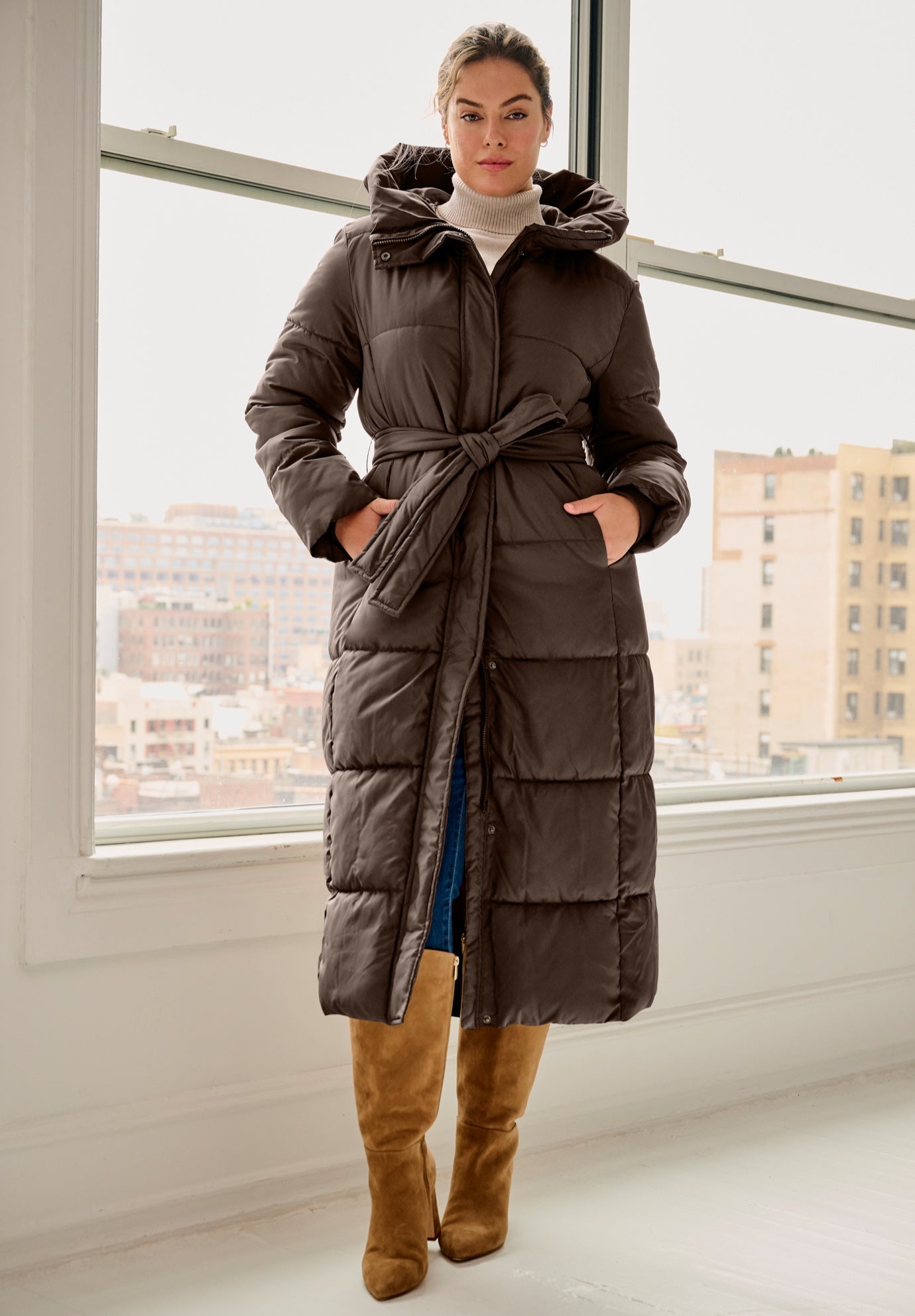 Long Belted Puffer with Hood image number 0