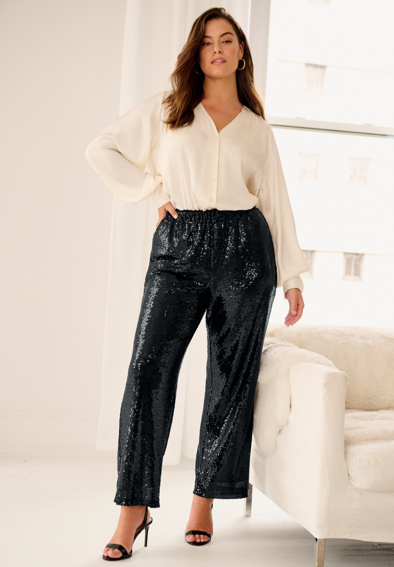 Relaxed Sequin Pants with Elastic Waist image number 0