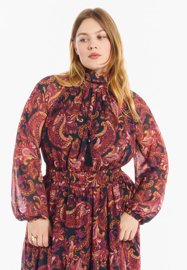 Mock-Neck Chiffon Midi Dress image number 3