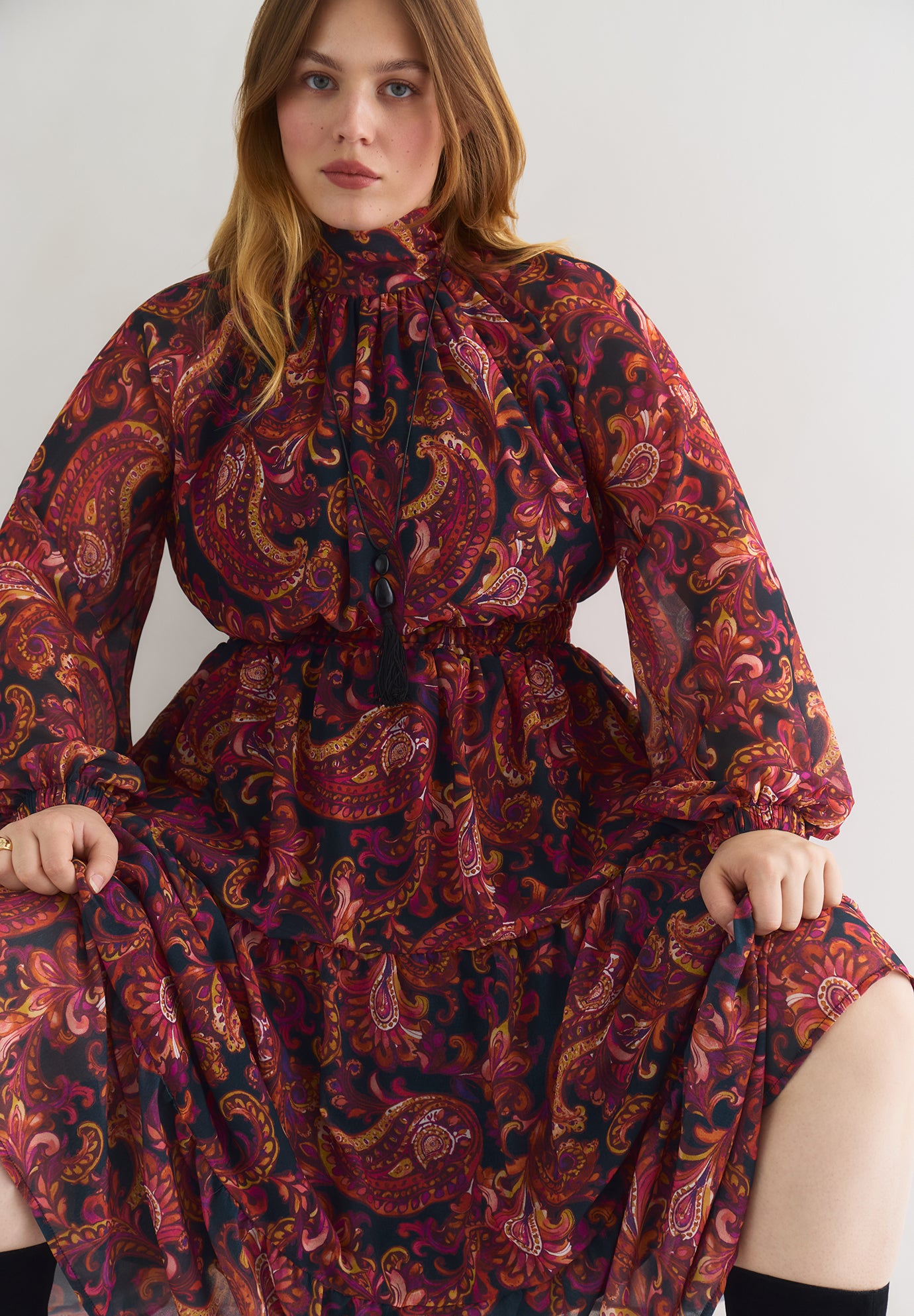 Mock-Neck Chiffon Midi Dress image number 4