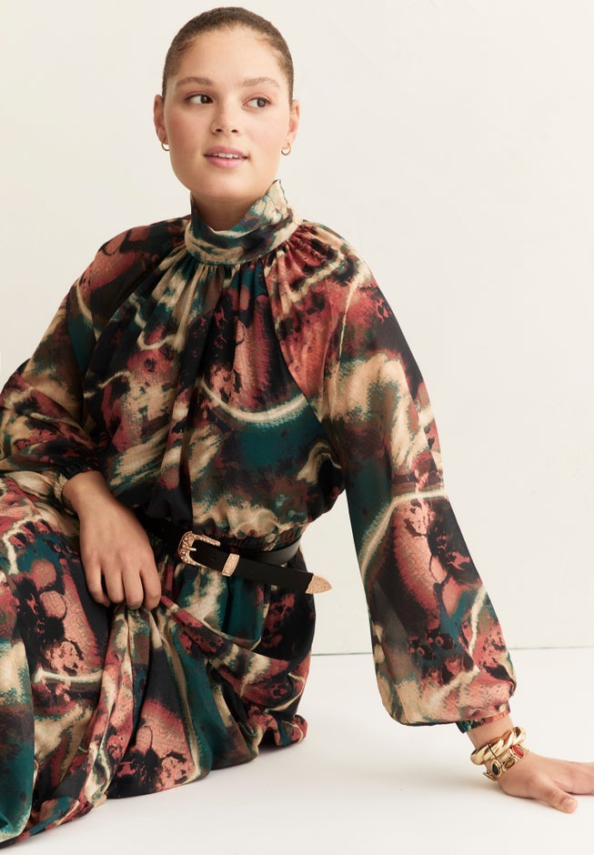 Mock-Neck Chiffon Midi Dress image number 3